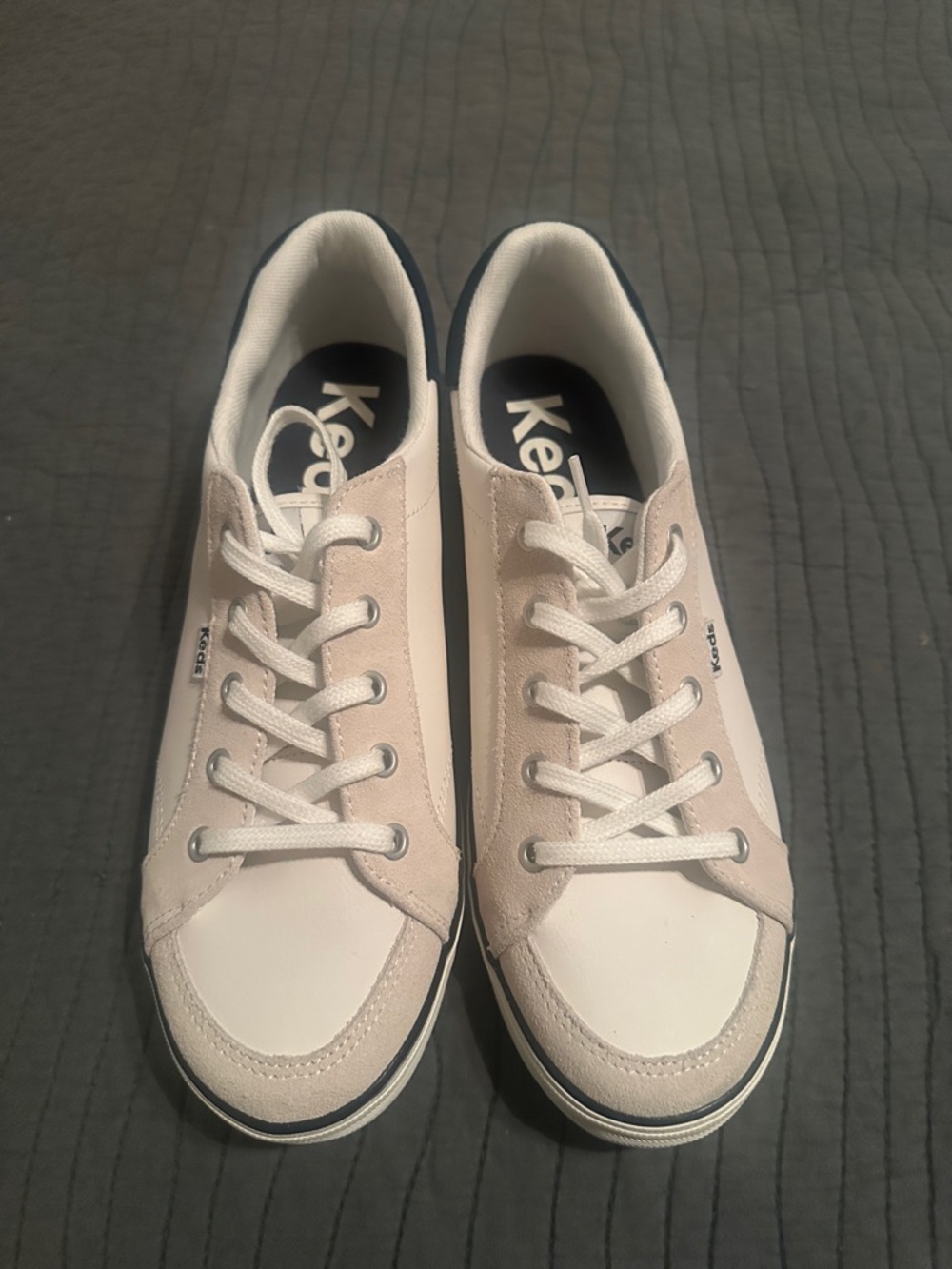 Keds White Sneakers with Navy Heel and Tan Accents